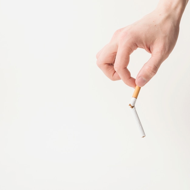 Person's hand holding broken cigarette on white background