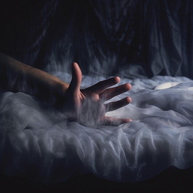 a person's hand is floating in the air with the light shining on it.