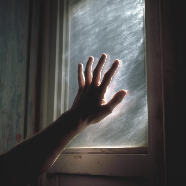 a person's hand is reaching out of a window