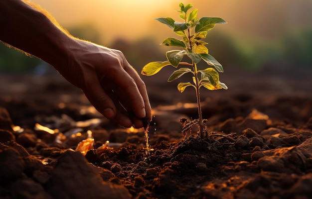 A person's hand reaching for a plant in the dirt