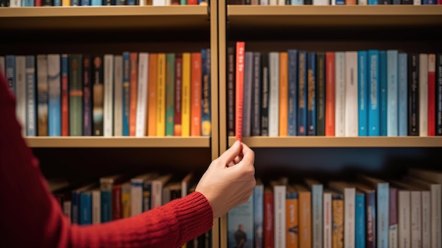 Foto la mano della persona seleziona e tira un libro da uno scaffale