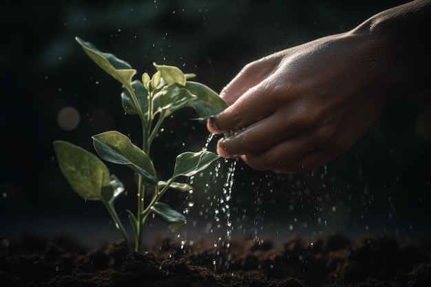 a person's hand watering a young plant symbolizing growth sustainability and environment