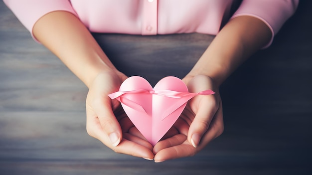 person's hands forming a heart shape around a pink ribbon Breast Cancer Awareness