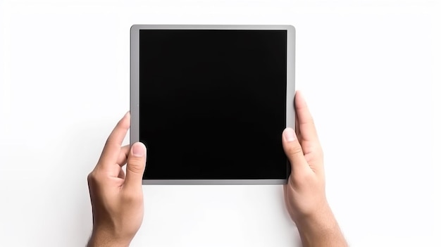 A person's hands hold a black tablet with the screen open