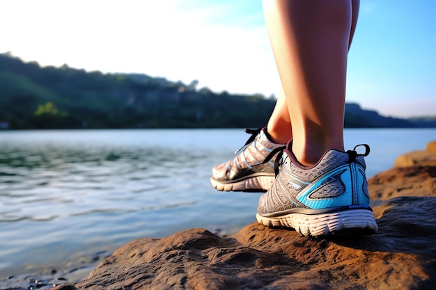 A person's legs are shown on a rock by a lake