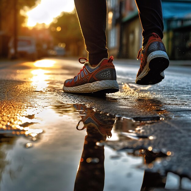 a person's legs in the reflection of a puddle