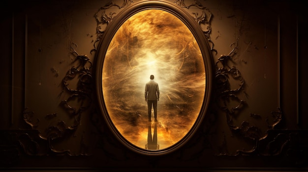 Photo a person's reflection captivates in an ancient mirror with an unsettling aura the ghostly presence exudes an eerie charm that leaves you questioning the line between reality and the supernatural