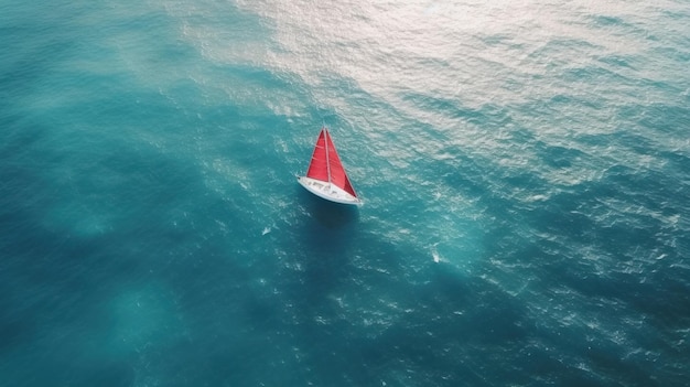 A person's sailboat sails over the ocean near corals and waves