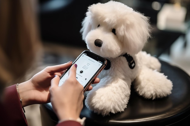 Человек сканирует NFC-тег на роскошном плюшевом собаке со своим смартфоном, чтобы проверить его подлинность