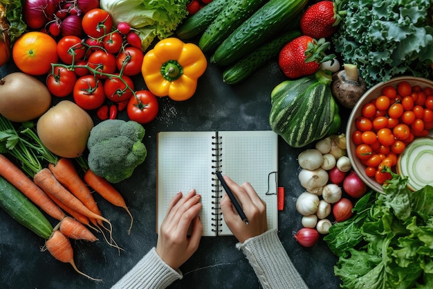 A person scribbling in a notepad amid a rainbow of vibrant fruits and veggies Generative Ai