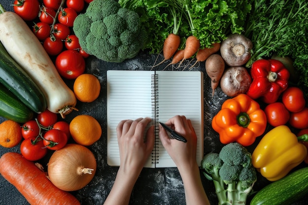 활기찬 과일과 채소의 무지개 가운데 노트북에 글을 는 사람 Generative Ai