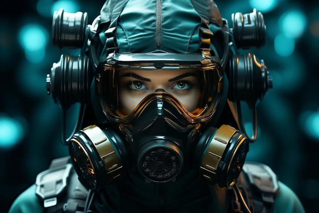 A person in a scrubbed uniform wearing glasses and gas mask Generated AI