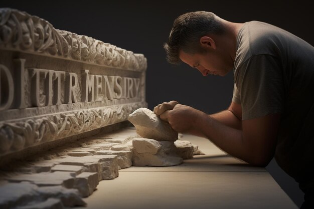 Photo a person sculpting the word integrity from stone generative ai