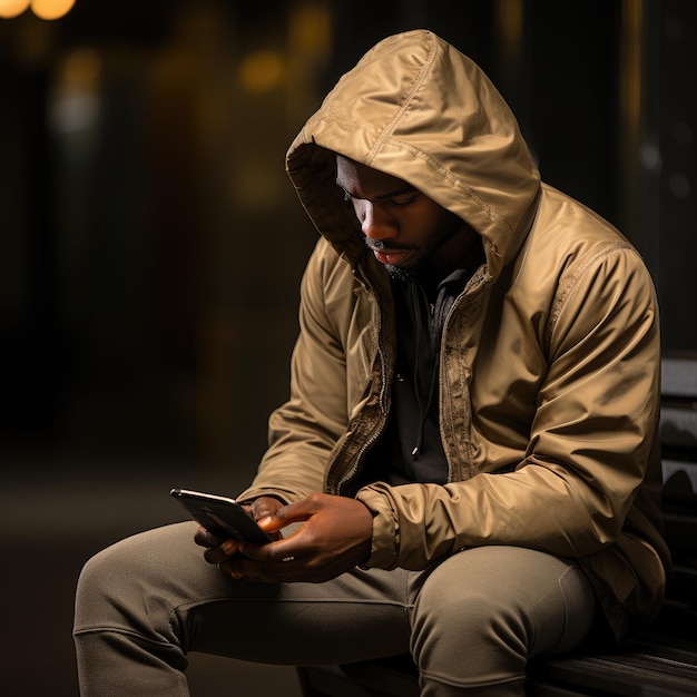 a person seated on a couch holding his or her cell phone ai generated