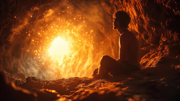 Photo a person seated in a firelit cave generative ai