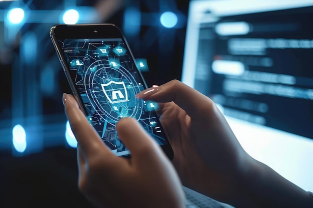 Photo a person securely holds a cell phone with a padlock attached to it ensuring the protection of their device digital tech gadgets equipped with modern cybersecurity ai generated