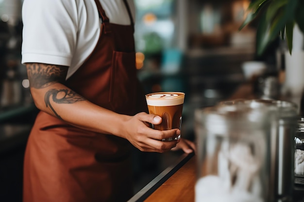 金属のでコーヒーを飲む人