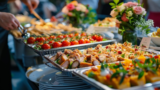 Person serving delicious food from a buffet variety of colorful dishes available