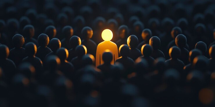 Photo a person shines against a background of dark figures symbolizing individuality confidence and personal growth