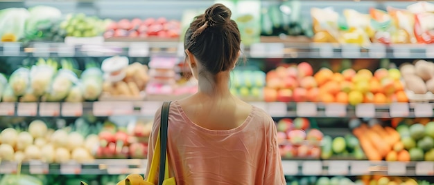 Person shopping for healthy food at grocery store selecting fresh fruits and vegetables for a balanced diet Concept Healthy Eating Grocery Shopping Fresh Produce Balanced Diet Nutrition Choices