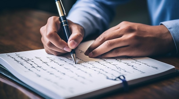 Photo person signing a document person writing on a notebook closeup of bussinessman hand