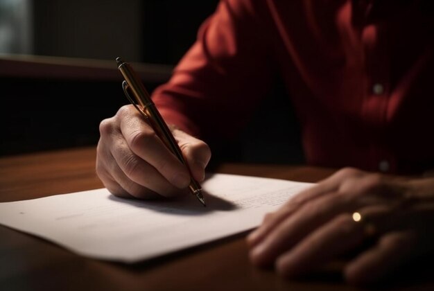 person signing a document while paper is on table in the style of tonalist genius uhd image