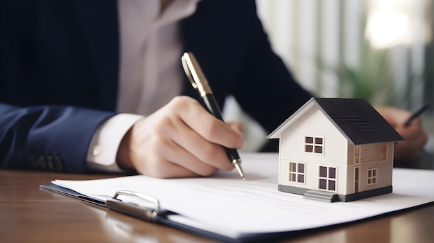 A person signing a document with a model house on it.