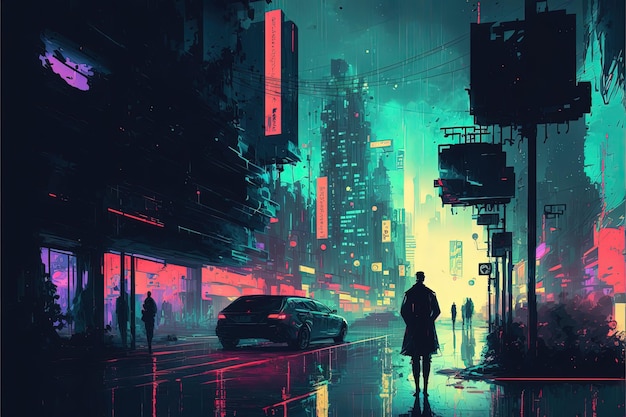 A person silhouette standing on the stret of a retrofuturistic cyberpunk city Generative Ai