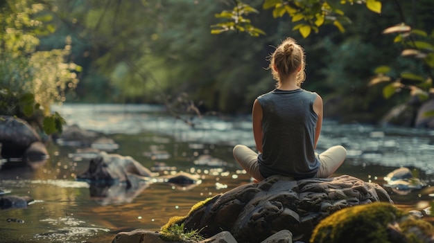 A person sits on a rock knees pulled close to chest back facing the camera the peaceful serenity of