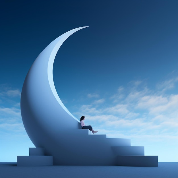 A person sits on a white object with a moon in the background.