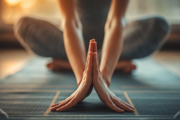Photo a person sits on a yoga mat with their legs crossed engaging in a yoga pose and holding a calm and focused posture a close up of hands and feet in a downward dog pose ai generated