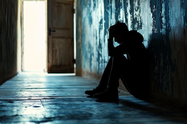 a person sitting against a wall in a dark room