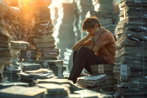 Person sitting amidst stacks of bills with a worri