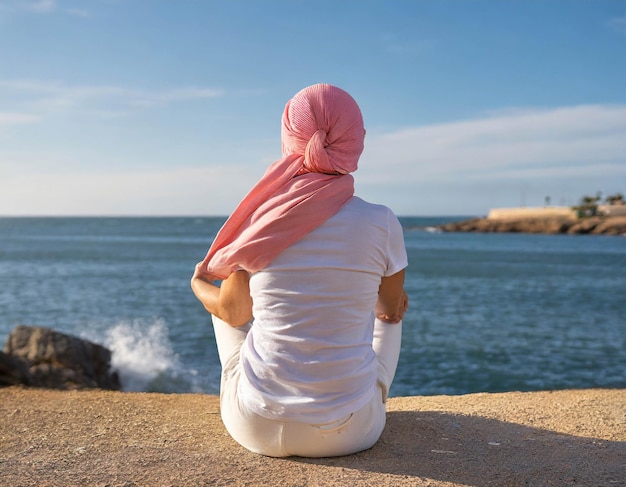 Photo person sitting on the beachworld cancer day concept