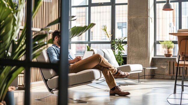 Foto persona seduta su una panchina in uno spazio di coworking in interni in stile industriale