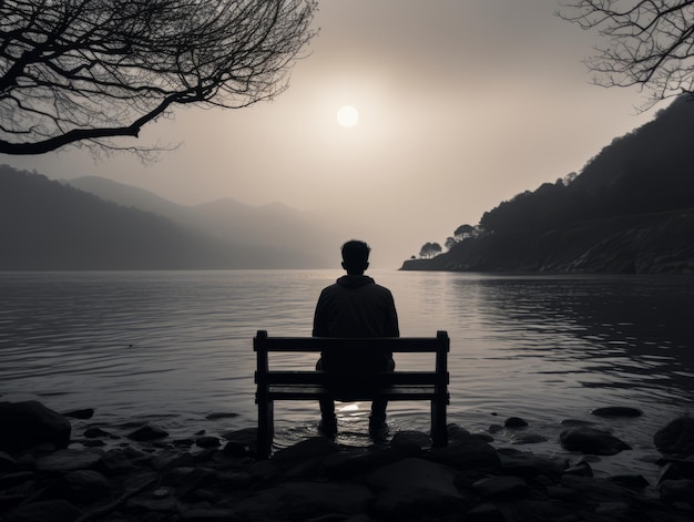 a person sitting on a bench in front of a body of water