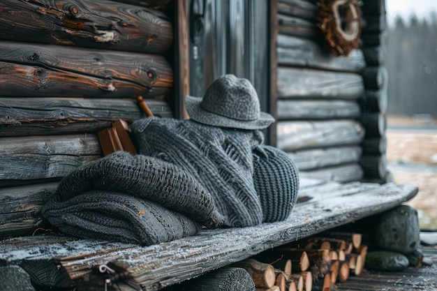 A person sitting on a bench in front of a log cabin