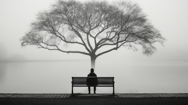 霧の中で木の下のベンチに座っている人