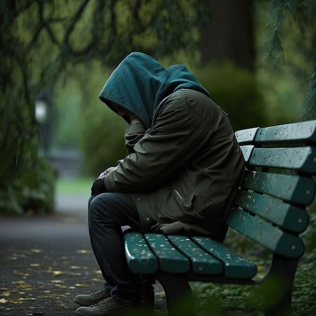 A person sitting on a bench with a green hood on
