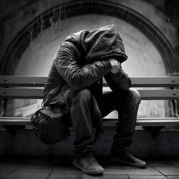 A person sitting on a bench with their head in his hands.