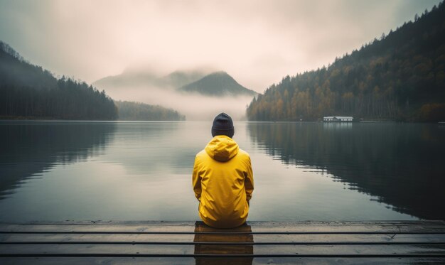 Person sitting by misty lakexA