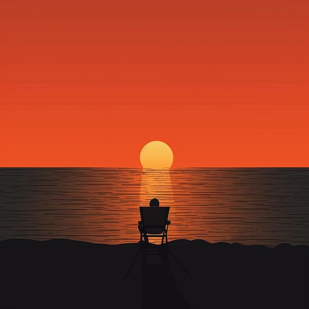 Photo a person sitting in a chair on the beach watching the sun set.