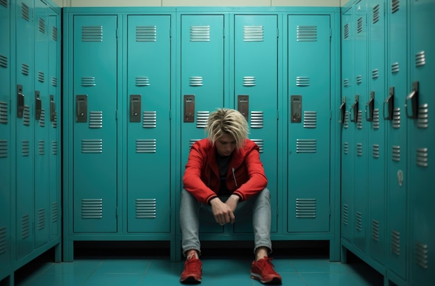 Photo person sitting on chair in front of lockers