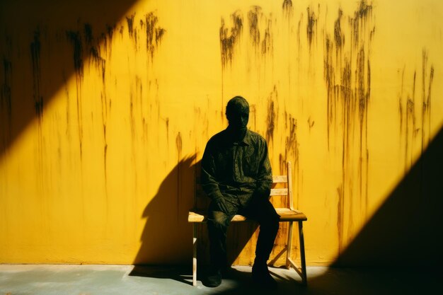 A person sitting on a chair in front of a yellow wall