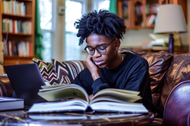 Photo person sitting on a couch reading a book generative ai