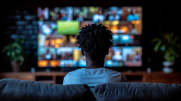 Photo person sitting on couch watching tv in living room