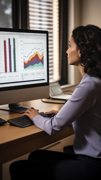 Photo person sitting at a desk looking at a computer screen with multiple charts and data visualizations