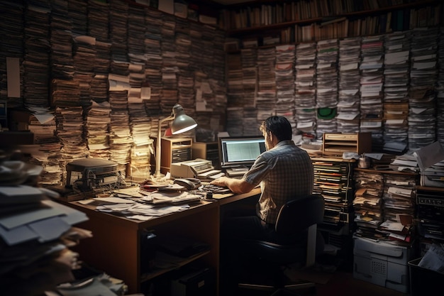 Person sitting at desk surrounded by stacks of resumes and job applicationsgenerative aixAxA