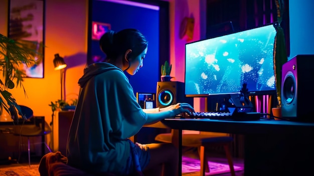 Person sitting at desk with computer in front of monitor generative ai