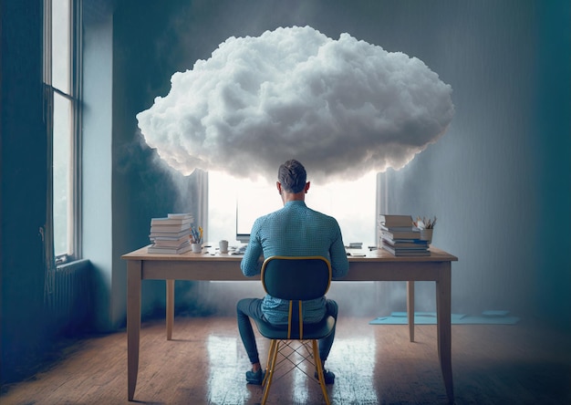 A person sitting at a desk with a computer with a cloud over his